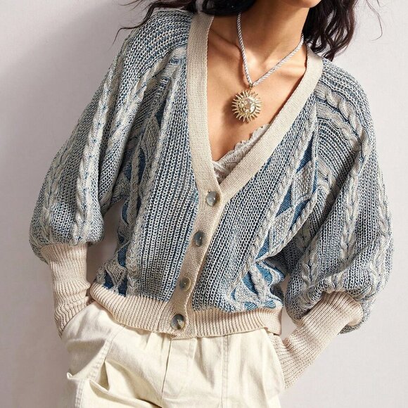 Blue Women's Lantern Sleeve Single-Breasted Casual Knit Cardigan - Picture 6 of 8